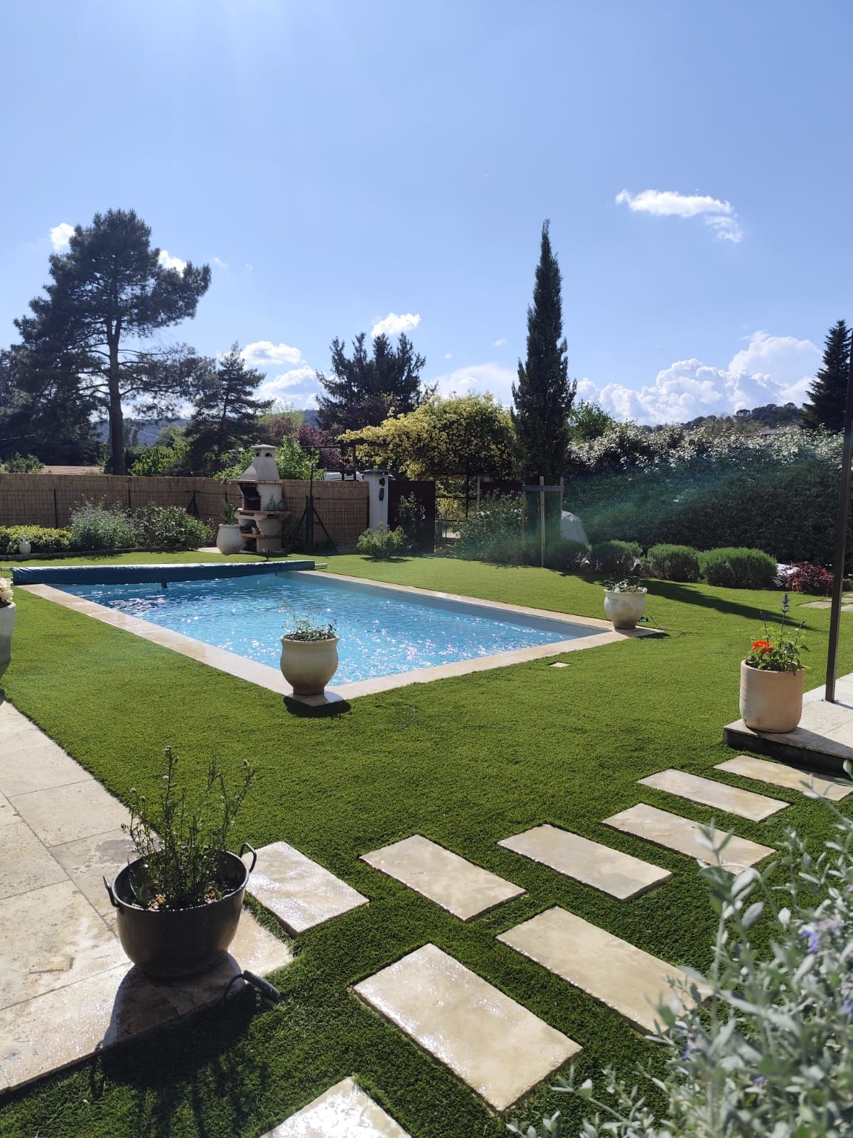 Piscine entourée de gazon synthétique et de pas japonais en pierre