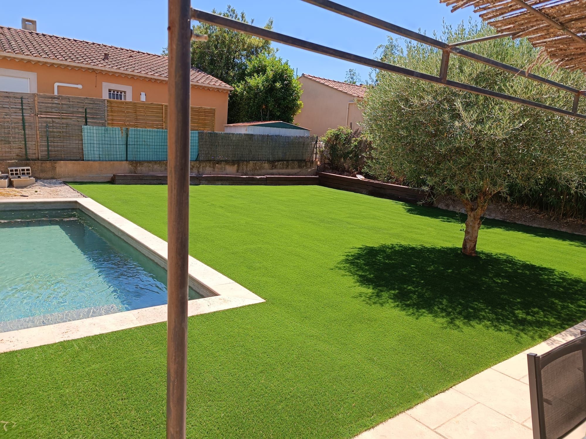 Piscine sous pergola, pelouse en gazon synthétique et olivier